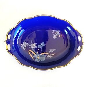Arpo Cobalt Blue Small Dish With Gold Rim And Floral Design Hand-painted Romania